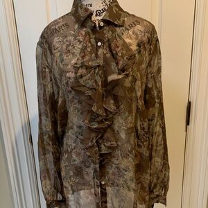 Ralph Lauren Floral Sheer Silk Blouse with Ruffle Detail. Size 1X Plus size